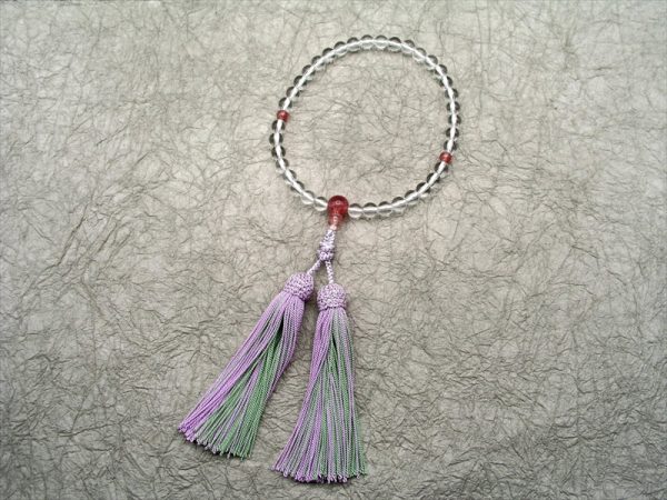 【誕生石念珠・神無月(１０月)】 水晶ストロベリークォーツ仕立飾り結び正絹彩り房