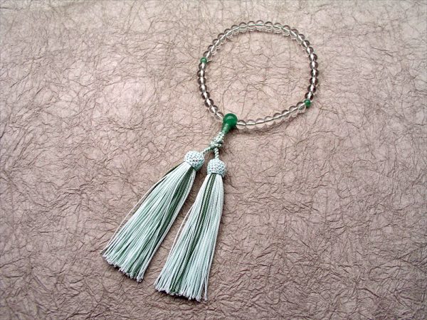 【誕生石念珠・皐月（５月）】 水晶アベンチュリン仕立飾り結び正絹彩り房