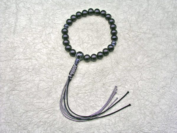 【唐木銘木念珠】3.素引黒檀黒縞瑪瑙仕立正絹六本紐