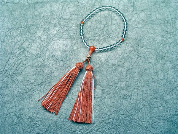 【誕生石念珠・葉月（８月）】 水晶オレン瑪瑙瑪瑙仕立飾り結び正絹彩り房