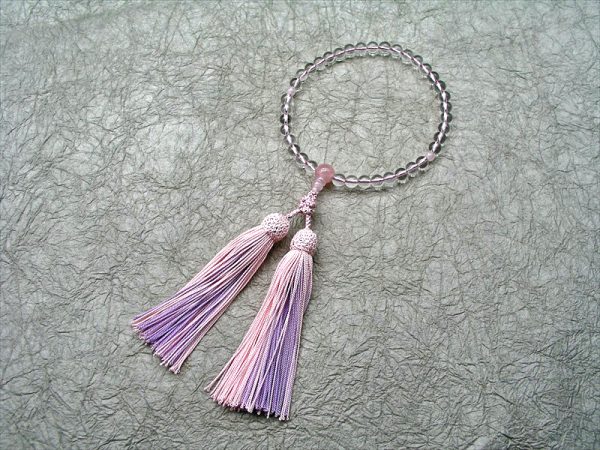 【誕生石念珠・弥生（３月）】 水晶紅水晶仕立飾り結び正絹彩り房