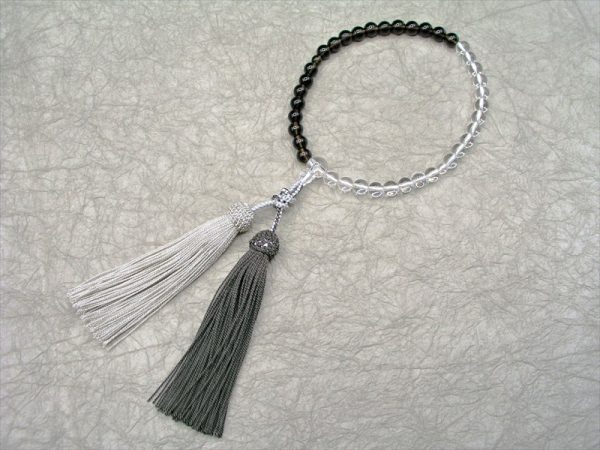 【アシンメトリー念珠（女性用）】1.水晶（丸玉）×茶水晶（丸玉）アシンメトリー正絹房